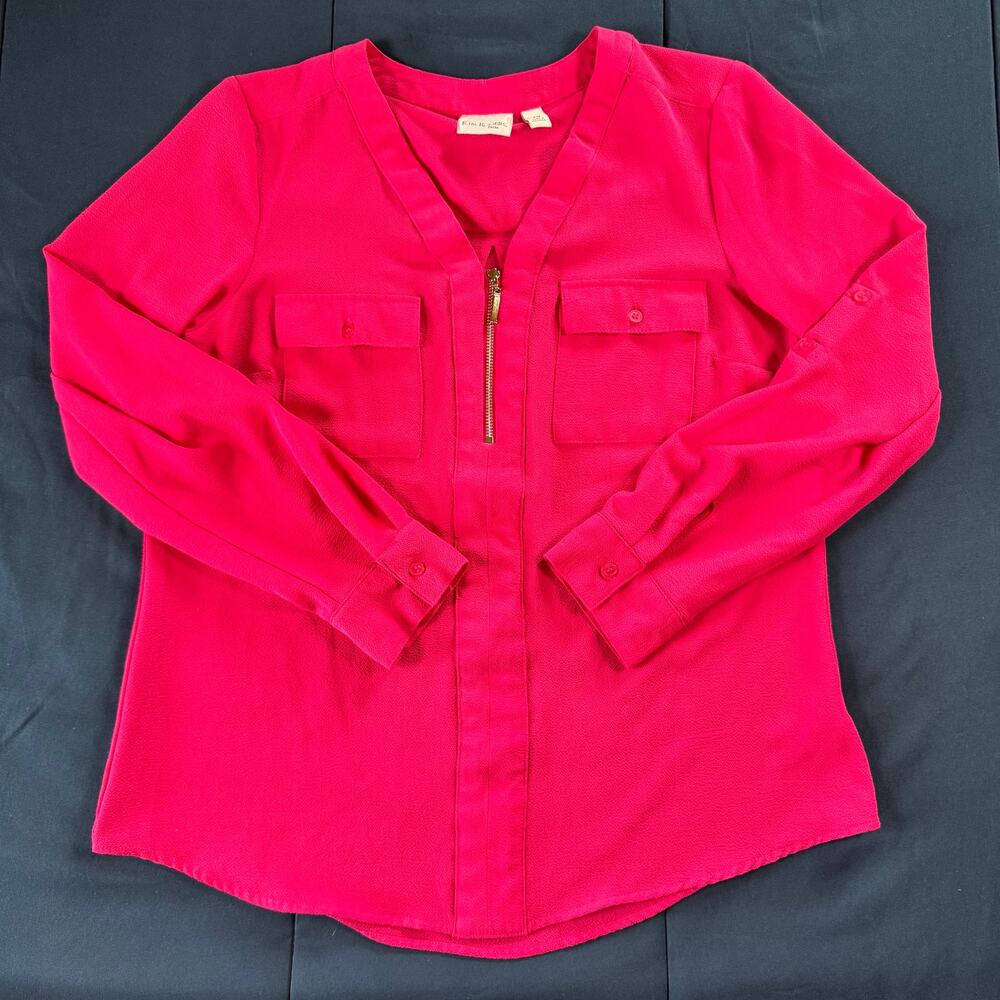 Kim Rogers Petite Pink Zip Front Utility Blouse PM Roll Tab Sleeve